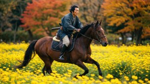 武士騎馬穿過秋林中黃色花田。 — 對馬戰鬼 壁紙