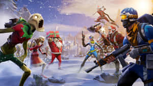 Fortnite玩家和節日角色在下雪的村莊黃昏時分與殭屍戰鬥。 — 要塞英雄 大逃殺 壁紙