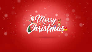 紅色背景上的 Merry Christmas 文字與聖誕老人馴鹿、樹和鈴鐺 — 可愛聖誕節 壁紙