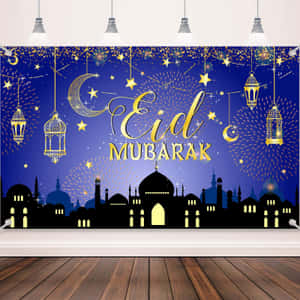 Eid Mubarak慶祝背景，懸掛燈籠和清真寺輪廓，星空下。 — 高對比 壁紙