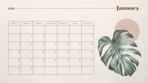 2022年1月日曆，配有水彩龜背竹葉和粉紅色圓圈。 — 冬季桌面 壁紙