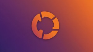 橙色分段圓形標誌，背景為紫色到橙色漸變 — Ubuntu 壁紙