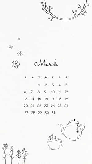 三月日曆，以簡約線條藝術風格手繪花朵和茶壺。 — 早晨榮耀 壁紙