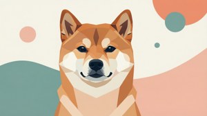 一隻幾何陰影的柴犬，表情友善，在粉彩抽象背景前。