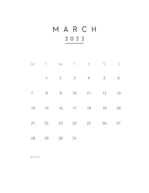 2022年3月日曆，包含日期和筆記區域。 — 三月 壁紙