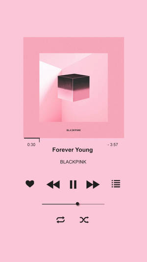 粉色音樂播放器顯示BLACKPINK的Forever Young，帶有黑色立方體專輯藝術。