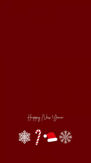 紅色背景，白色雪花、拐杖糖和聖誕帽，以及Happy New Year文字。 — 慶祝 壁紙