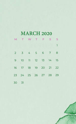 2020年3月月曆，綠色數字和粉紅色標題，薄荷色背景，帶有葉子設計。 — Galaxy Tab 壁紙
