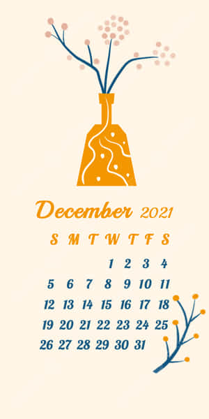 2021年12月月曆，帶有裝飾性樹枝和一個橙色花瓶。 — 可愛聖誕節 壁紙