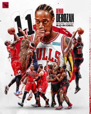 DeMar DeRozan 籃球運動員拼貼，展示公牛隊制服中的統計數據和比賽亮點。 — 籃球 壁紙