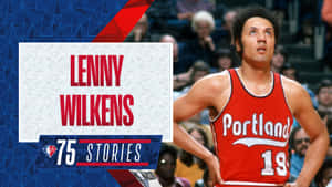 Lenny Wilkens 身穿波特蘭拓荒者隊 19 號球衣，在帶有圖形疊加效果的籃球比賽中。 — NBA 壁紙