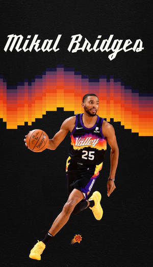 Mikal Bridges 在像素化日落背景下運球。 — 運動 壁紙