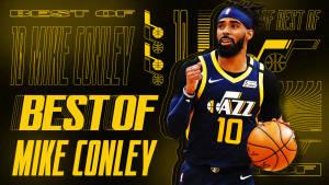 Mike Conley 身穿猶他爵士隊球衣，手持籃球，並帶有搶眼的黃色文字圖形。 — 溫暖 壁紙