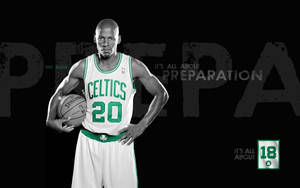 Ray Allen 身穿塞爾提克球衣，手持籃球，背後有 'Preparation' 字樣。 — 運動 壁紙