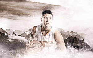 Devin Booker穿著籃球球衣，以山脈和城市為背景拿著球。 — Devin Booker 壁紙