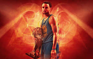 史蒂芬柯瑞身穿勇士球衣，在熾熱背景前高舉NBA冠軍獎盃。 — 史蒂芬·柯瑞 壁紙
