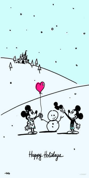 冬天米奇和米妮與雪人和粉紅色心形氣球，城堡附近 — Google Pixel 3 壁紙
