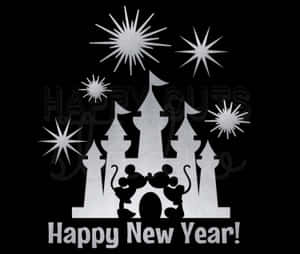 米奇和米妮老鼠在煙火下接吻，背景有城堡和Happy New Year文字。 — 新年快樂 壁紙