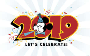 米奇老鼠在紅色2019內吹喇叭，伴有紙屑 — 16:10 壁紙