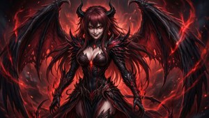 一個紅髮黑翼的惡魔女子被火焰包圍。 — 妖精的尾巴 壁紙