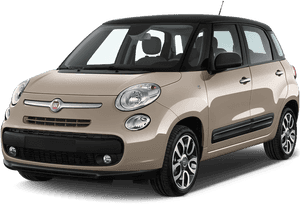 米色Fiat 500L緊湊型汽車，黑色車頂和銀色輪圈，黑色背景。