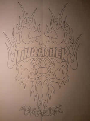Thrasher Magazine標誌草圖，帶有火焰和骷髏設計。 — Thrasher 壁紙