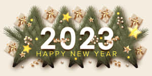 帶有松樹枝、金色星星和包裝禮物的2023新年祝福。 — 新年快樂 2020 壁紙