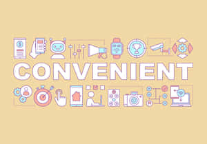 帶有「convenient」一詞以及科技和服務圖標的圖形設計。 — 桌面 壁紙