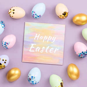 裝飾性復活節蛋配閃粉排列在「Happy Easter」畫布周圍。 — 復活節快樂 壁紙