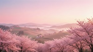 粉紅櫻花在黎明時分的霧谷中綻放，伴隨著起伏的丘陵。 — 淺粉色調 壁紙