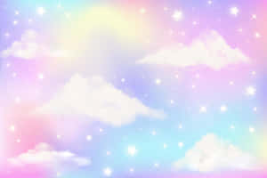 柔和的粉彩天空，雲朵和星星以彩虹色調發光。 — 宇宙美學 壁紙