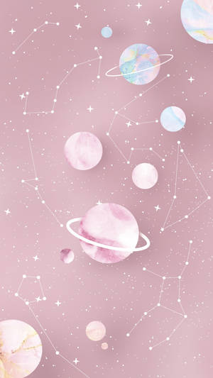 粉紅水彩行星和星座漂浮在夢幻的宇宙場景中。