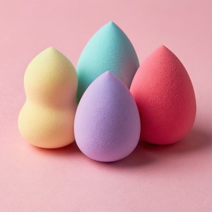 粉紅色表面上四個色彩繽紛的化妝海綿。 — 彩妝 壁紙