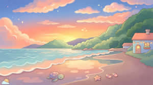 日落時分海灘上的舒適小屋，附近有海龜和海星。 — 極高畫質 壁紙