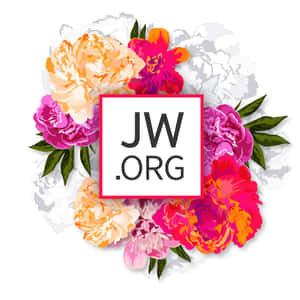 色彩繽紛的牡丹花圍繞著紅色邊框的JW.ORG標誌。 — 花朵 壁紙