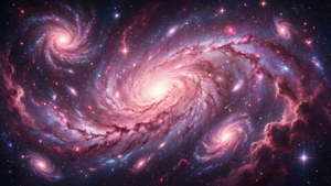 深空中帶有發光恆星的鮮豔粉紅色和紫色螺旋星系。 — 淺粉色調 壁紙