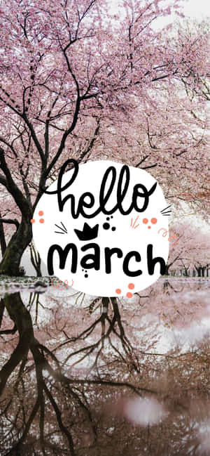 倒映在水中的櫻花樹，帶有 hello march 文字疊加。 — iPhone 15 Plus 壁紙