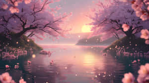 櫻花框住一條寧靜的河流，映照出金色日落，花瓣漂浮。 — 湖泊 壁紙