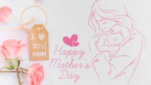 母親抱著熟睡的孩子，配上粉紅玫瑰和「Happy Mother's Day」標籤。 — 母親節 壁紙