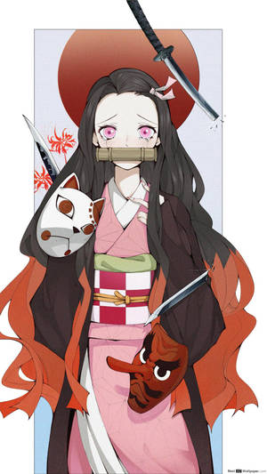 穿著和服的動漫戰士少女，在紅日下手持狐狸面具和刀。