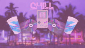 粉紅色 Game Boy 與 CD 和杯子漂浮在霓虹紫色棕櫚樹場景中。