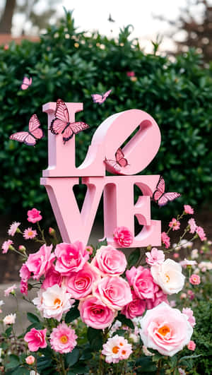 粉紅色 LOVE 字母被蝴蝶和盛開的玫瑰環繞在花園中 — 粉紅色 壁紙