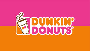 粉紅色和橙色背景上帶有咖啡杯和文字的Dunkin' Donuts品牌標誌。 — Dunkin Donuts 壁紙