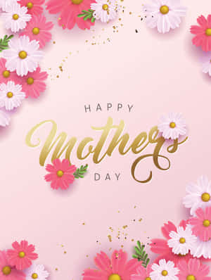Happy Mothers Day 賀卡，帶有粉紅色和白色的雛菊和金色文字。 — iPad 第9代 壁紙