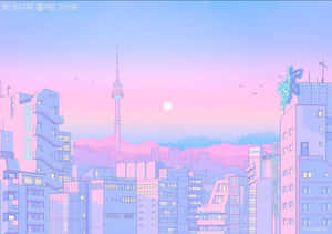 夕陽下的動漫城市天際線，柔和色調和發光的窗戶。 — 粉嫩粉彩美學 壁紙