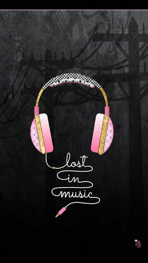 粉紅色和金色耳機，在深色紋理背景上有 'lost in music' 文字。 — 音樂 壁紙