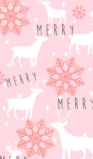粉紅色背景，帶有白色鹿和珊瑚色雪花重複，並有「MERRY」文字。 — Tecno Megapad 壁紙
