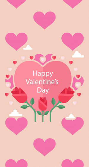 粉紅色心形和玫瑰，帶有「Happy Valentine's Day」文字。 — 情人節 壁紙