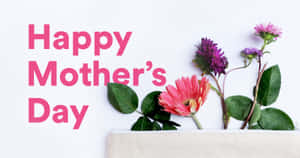 白色背景上，米色小袋中的粉紅色、紫色和綠色花朵與「Happy Mother's Day」文字。 — 母親節 壁紙