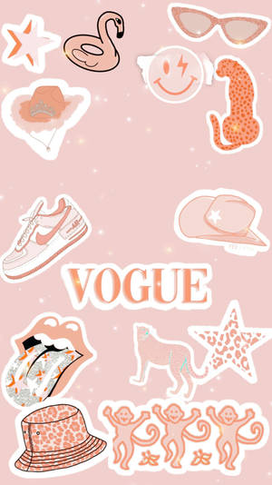帶有時尚貼紙和 Vogue 文字的粉紅色壁紙 — 美學鎖定畫面 壁紙